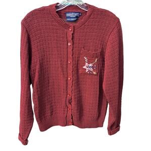 Vintage Herman Geist Cardigan Sweater Women's Size S Petite Maroon Embroidered